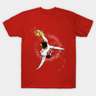 Red t-shirt with dynamic soccer player graphic, ideal for sports fans, made of soft cotton for casual wear.