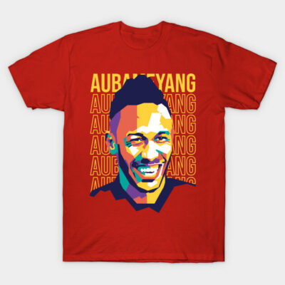 Red graphic t-shirt with colorful abstract design and bold text, casual wear, cotton material, unisex style.
