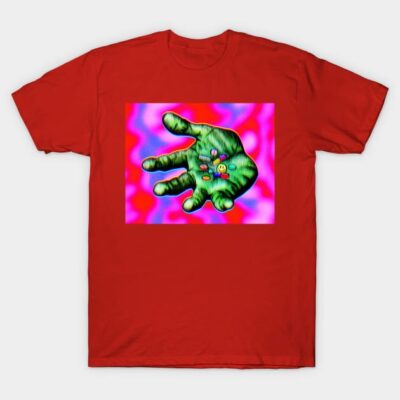 Red graphic t-shirt featuring a vibrant abstract hand design, ideal for casual wear and made from soft cotton fabric.
