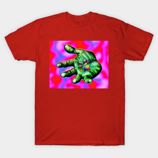 Red graphic t-shirt featuring a vibrant abstract hand design, ideal for casual wear and made from soft cotton fabric.