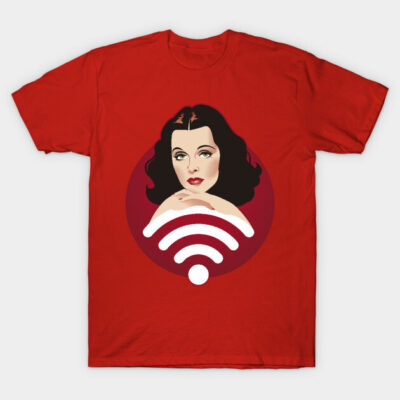 Red graphic t-shirt featuring vintage woman illustration with Wi-Fi symbol, casual style, 100% cotton material.