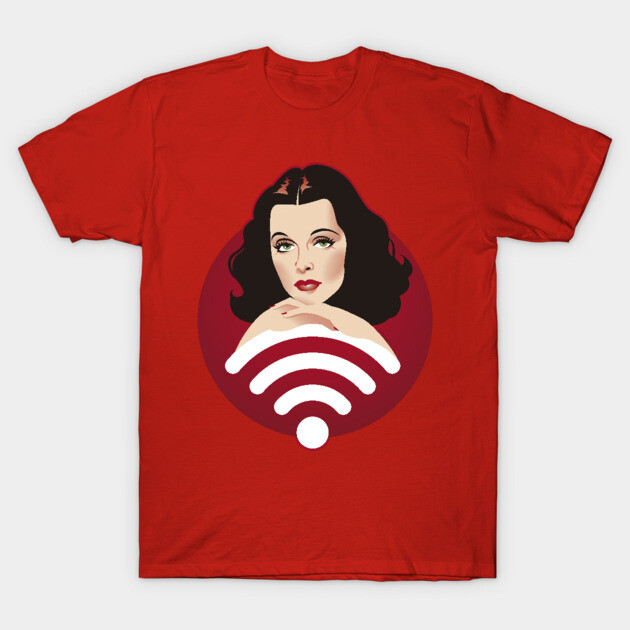 Red graphic t-shirt featuring vintage woman illustration with Wi-Fi symbol, casual style, 100% cotton material.