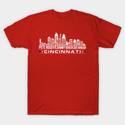 Red Cincinnati skyline T-shirt with white text, casual cotton tee for city pride and everyday wear.