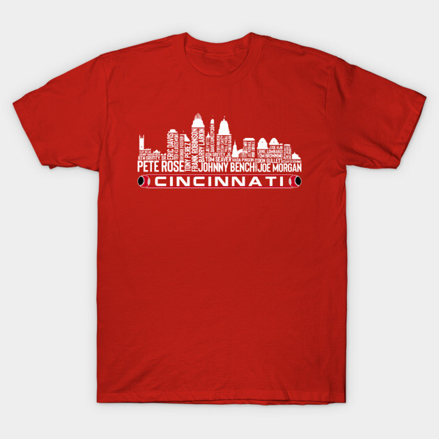 Red Cincinnati skyline T-shirt with white text, casual cotton tee for city pride and everyday wear.