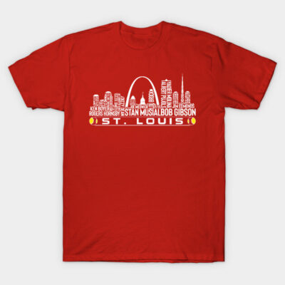 Red St. Louis skyline graphic t-shirt, casual cotton tee, cityscape design, comfortable everyday wear.