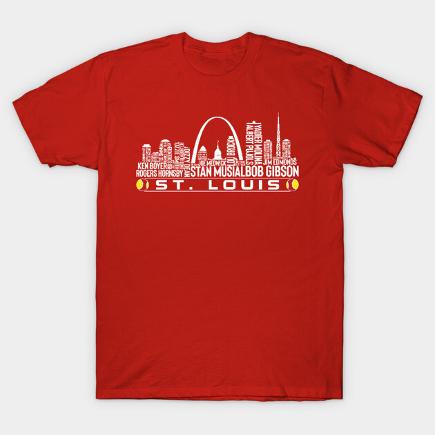 Red St. Louis skyline graphic t-shirt, casual cotton tee, cityscape design, comfortable everyday wear.
