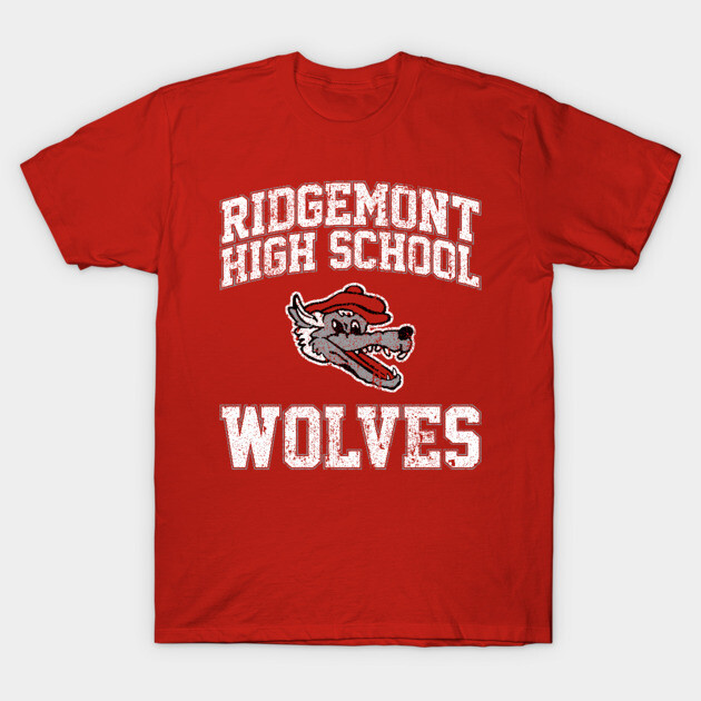 Red Ridgemont High School Wolves T-shirt, graphic design, casual wear, cotton fabric, unisex style.