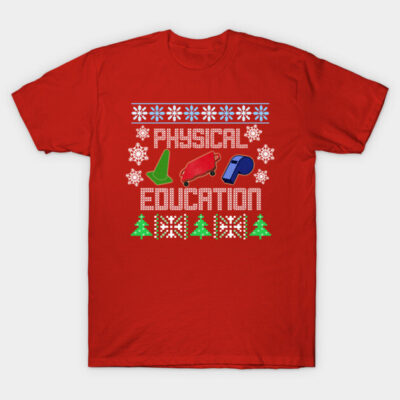 Red T-shirt with "Physical Education" text, holiday-themed design, featuring cones, whistle, and trees. Cotton material.
