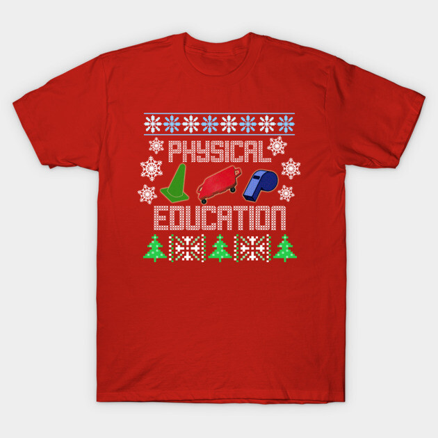 Red T-shirt with "Physical Education" text, holiday-themed design, featuring cones, whistle, and trees. Cotton material.
