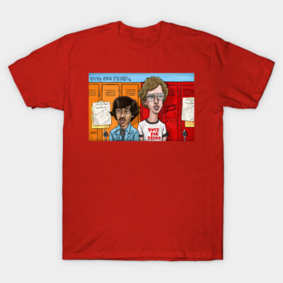 Red graphic t-shirt featuring colorful locker room scene, ideal for casual wear, made from soft cotton blend.