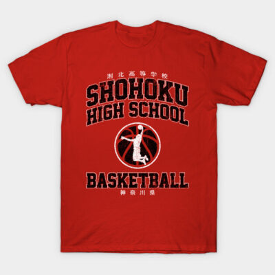 Red Shohoku High School basketball t-shirt, graphic print, casual style, cotton fabric, unisex.