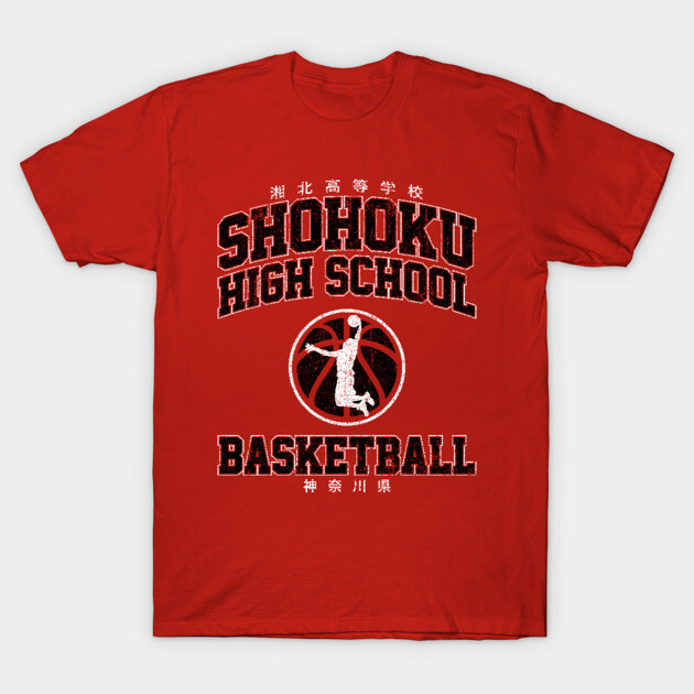 Red Shohoku High School basketball t-shirt, graphic print, casual style, cotton fabric, unisex.