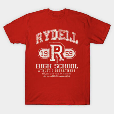 Red vintage-style T-shirt with "Rydell High School Athletic Department" text, ideal for casual wear, cotton material.