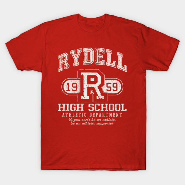 Red vintage-style T-shirt with "Rydell High School Athletic Department" text, ideal for casual wear, cotton material.