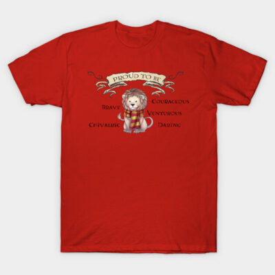 Red T-shirt with cute lion illustration and motivational text, perfect for casual wear, made from soft cotton.
