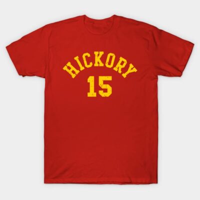 Red Hickory 15 t-shirt, classic athletic design, soft cotton material, casual wear, bold yellow lettering.