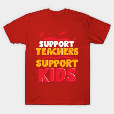 Red T-shirt with "Support Teachers Support Kids" text, casual style, cotton material, ideal for school events.
