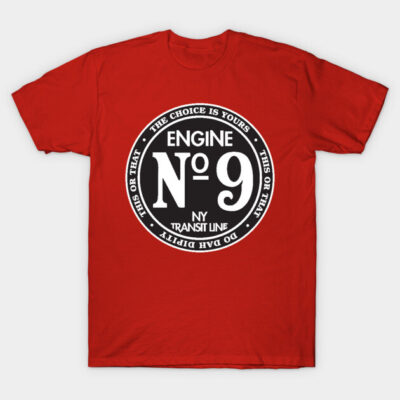 Red graphic T-shirt featuring "Engine No. 9" design, casual style, soft cotton fabric, ideal for everyday wear.