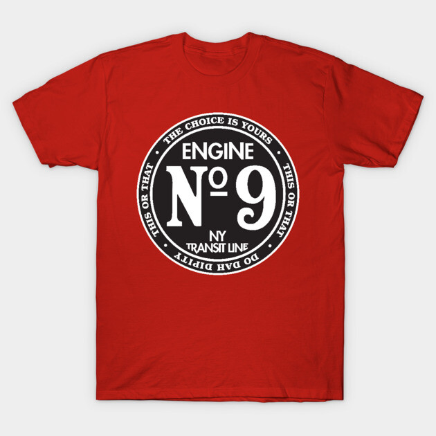 Red graphic T-shirt featuring "Engine No. 9" design, casual style, soft cotton fabric, ideal for everyday wear.