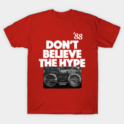 Red retro graphic t-shirt with "Don't Believe the Hype '88" slogan and boombox design, casual style cotton tee.