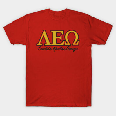 Red Lambda Epsilon Omega T-shirt, bold Greek letters design, casual style, 100% cotton, unisex fit. Ideal for everyday wear.