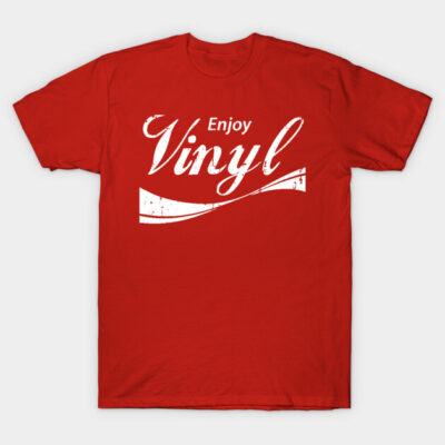 Red "Enjoy Vinyl" graphic t-shirt, casual style, cotton material, perfect for music enthusiasts and everyday wear.