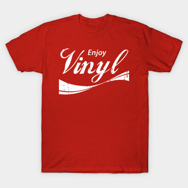 Enjoy Vinyl Record T-Shirt 1 Red "Enjoy Vinyl" graphic t-shirt, casual style, cotton material, perfect for music enthusiasts and everyday wear.
