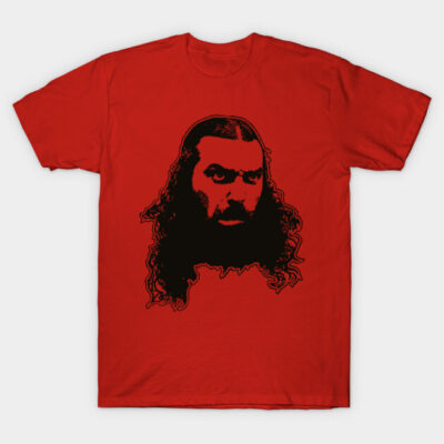 Red graphic t-shirt with bold black face illustration, casual style, 100% cotton, unisex, perfect for everyday wear.