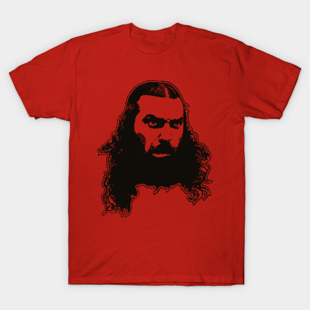 Red graphic t-shirt with bold black face illustration, casual style, 100% cotton, unisex, perfect for everyday wear.