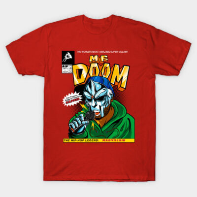 Red graphic tee featuring comic-style artwork, hip-hop theme, and bold text. Perfect for casual wear. 100% cotton.