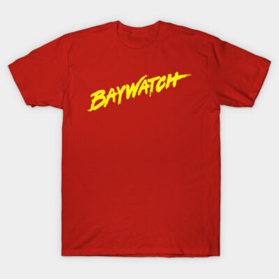 Red "Baywatch" T-shirt, bold yellow text, casual unisex design, cotton material, perfect for everyday wear.