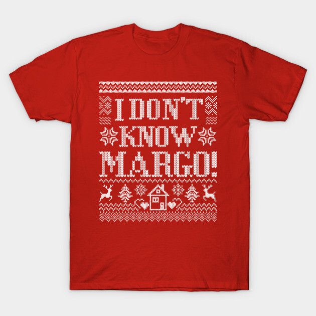Red T-shirt with white text and festive patterns, perfect for holiday parties, made from soft cotton material.