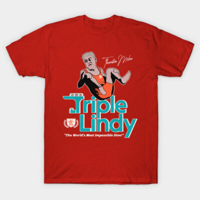 Red "Triple Lindy" graphic t-shirt, featuring bold text and diving illustration, casual style, 100% cotton material.