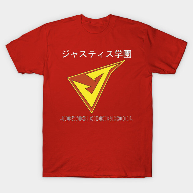 Red graphic t-shirt with yellow logo, "Justice High School" lettering, casual style, cotton material.