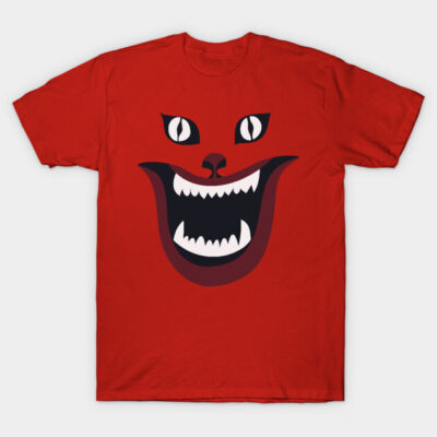 Red cotton T-shirt featuring a bold, abstract cat face graphic, perfect for casual wear and expressive style.