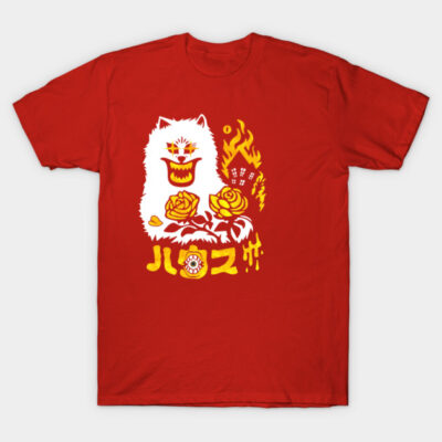 Red graphic t-shirt with bold yellow and white abstract animal design, casual style, 100% cotton fabric.