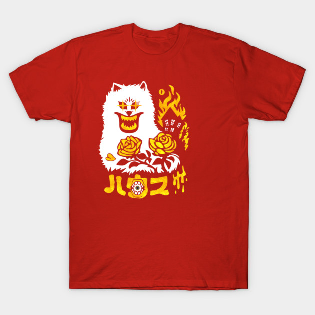 HAUNTED HOUSE hausu retro T-Shirt 1 Red graphic t-shirt with bold yellow and white abstract animal design, casual style, 100% cotton fabric.