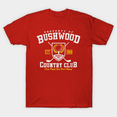 Red cotton t-shirt with "Bushwood Country Club" graphic, vintage style, casual wear, perfect for everyday use.