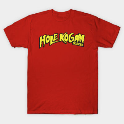 Red cotton t-shirt with bold yellow graphic print, casual style, perfect for everyday wear.