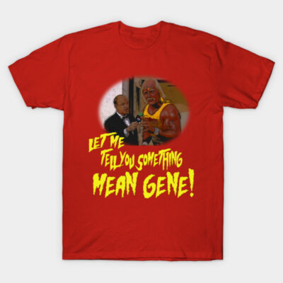 Red graphic T-shirt with bold yellow text and vintage illustration, ideal for casual wear. Cotton material.