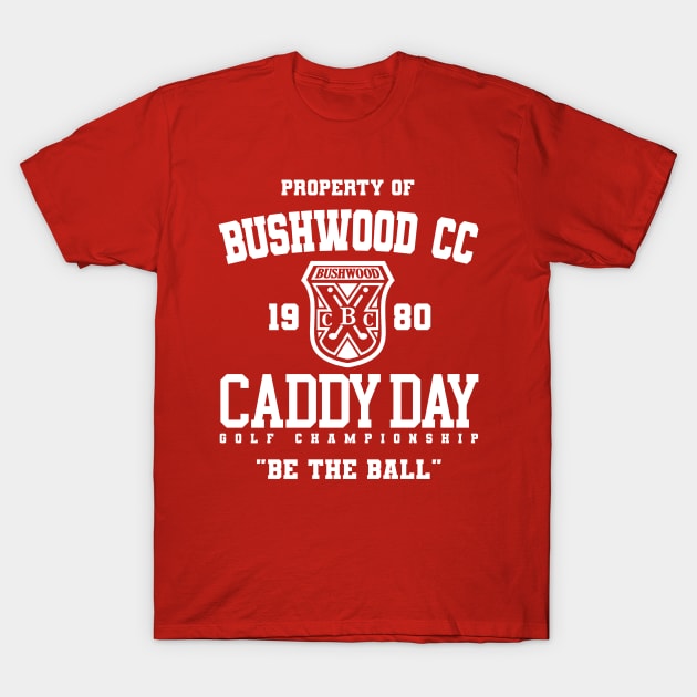 Red "Bushwood CC" graphic t-shirt, featuring vintage golf championship design, cotton material, casual style.