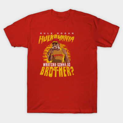 Red graphic t-shirt featuring bold yellow text and design, casual style, ideal for fans and everyday wear.