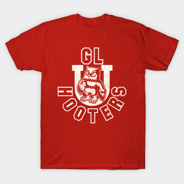 Red cotton t-shirt with vintage owl graphic and "GL Hooters" text, casual style for everyday wear.