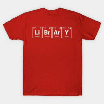 Red t-shirt with periodic table elements spelling "Library," casual style, cotton material, perfect for book lovers.