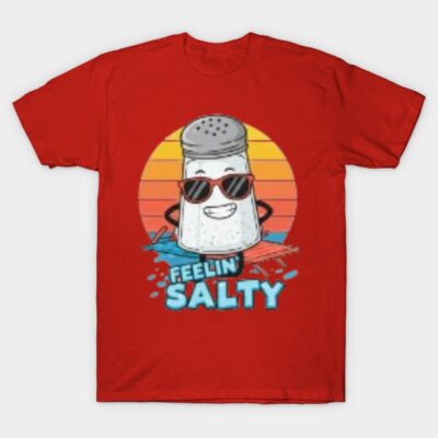 Red t-shirt with "Feelin' Salty" graphic featuring smiling salt shaker wearing sunglasses, casual and fun style.