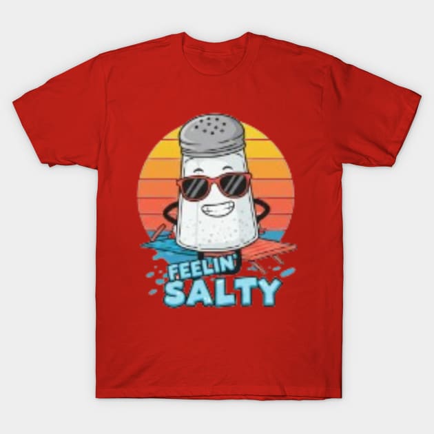 Red t-shirt with "Feelin' Salty" graphic featuring smiling salt shaker wearing sunglasses, casual and fun style.