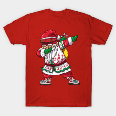 Red festive T-shirt featuring playful Santa Claus design, perfect for holiday celebrations and casual wear.