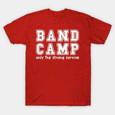 Red Band Camp T-shirt with bold white text, casual style, perfect for music enthusiasts. 100% cotton, unisex fit.
