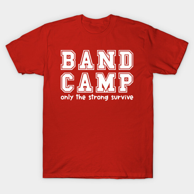 Red Band Camp T-shirt with bold white text, casual style, perfect for music enthusiasts. 100% cotton, unisex fit.
