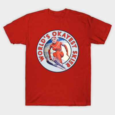 Red "World's Okayest Skier" T-shirt, featuring vintage skiing graphic, casual style, comfortable cotton material.